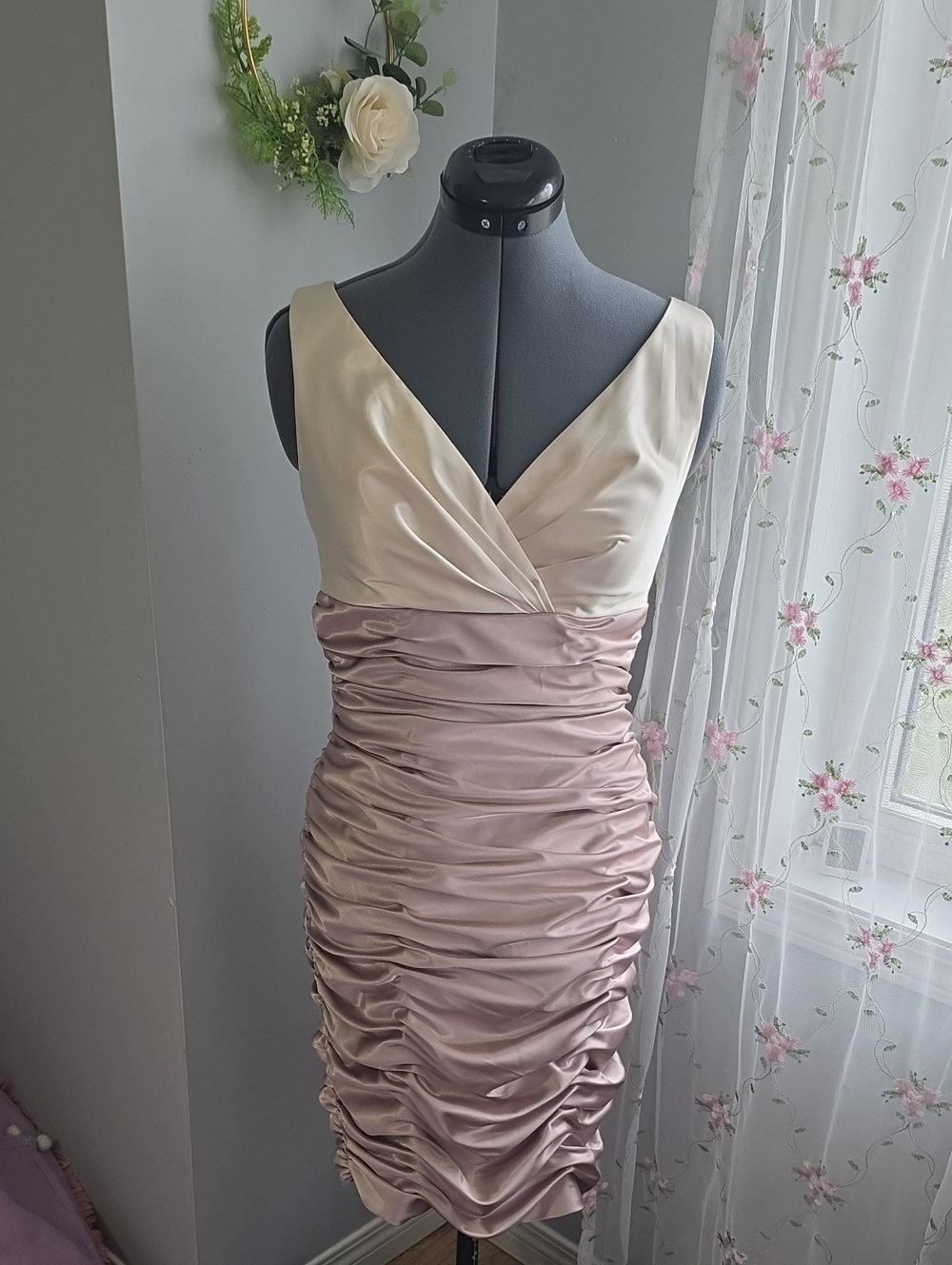 le chateau Cream and Champagne Satin Ruched Midi Dress